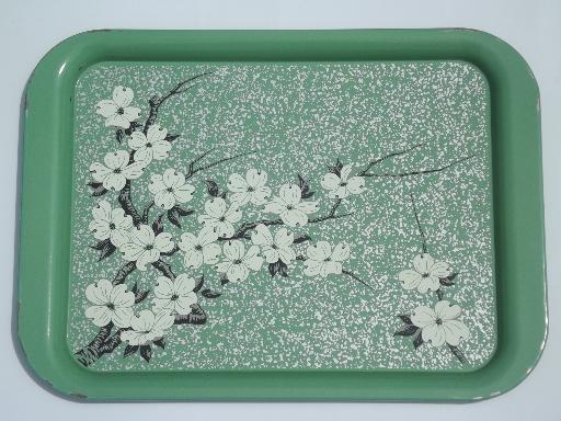 photo of jadite green metal trays w/ cherry blossom floral, vintage lap tray set of 12 #2