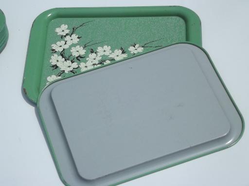 photo of jadite green metal trays w/ cherry blossom floral, vintage lap tray set of 12 #3