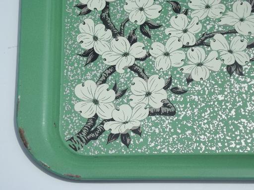 photo of jadite green metal trays w/ cherry blossom floral, vintage lap tray set of 12 #4