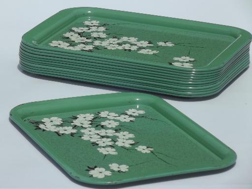photo of jadite green metal trays w/ cherry blossom floral, vintage lap tray set of 12 #5