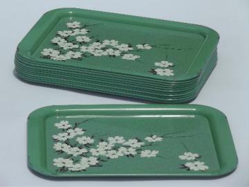 catalog photo of jadite green metal trays w/ cherry blossom floral, vintage lap tray set of 12