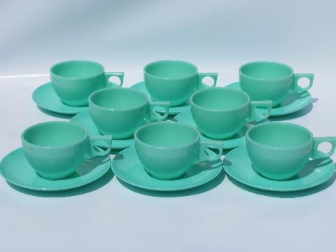 photo of jadite green retro vintage plastic coffee cups & saucers, set for 8 #1