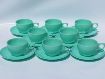 catalog photo of jadite green retro vintage plastic coffee cups & saucers, set for 8