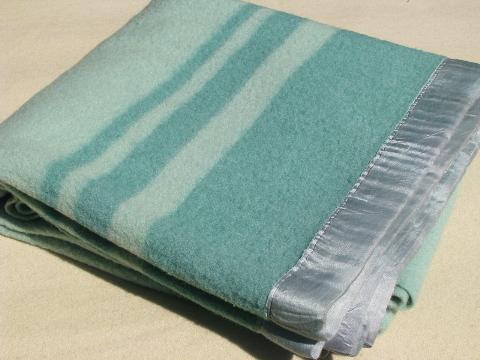 photo of jadite green trappers stripe, thick wool blanket w/vintage Faribo label #4