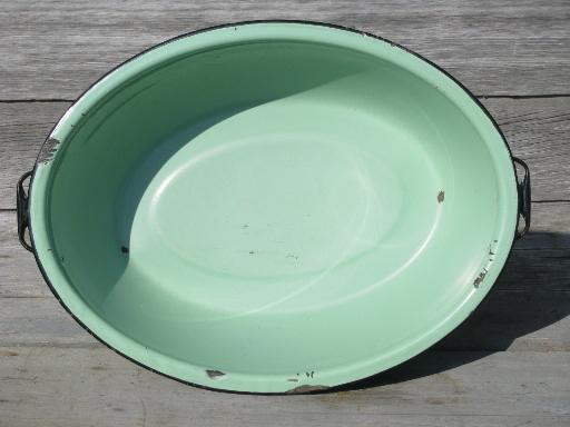 photo of jadite green vintage enamelware, big old primitive wash tub, oval dish pan #2