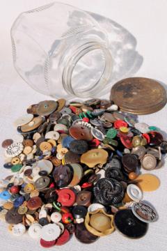 catalog photo of jar of old antique vintage buttons from five generations family farm, many 1800s