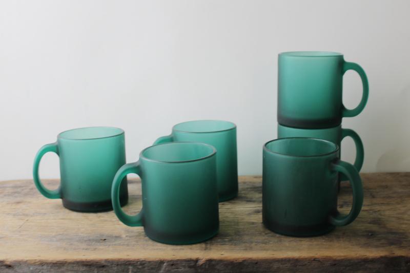 photo of juniper green deep teal frosted glass coffee mugs, vintage USA Libbey glassware #1