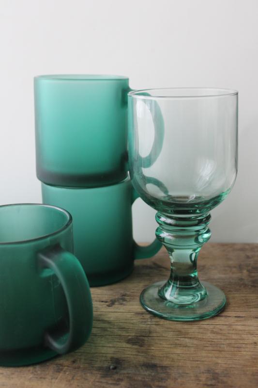 photo of juniper green deep teal frosted glass coffee mugs, vintage USA Libbey glassware #2