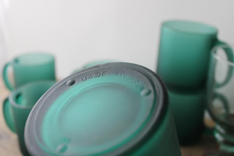 photo of juniper green deep teal frosted glass coffee mugs, vintage USA Libbey glassware #3