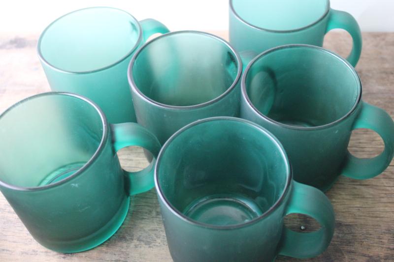 photo of juniper green deep teal frosted glass coffee mugs, vintage USA Libbey glassware #5