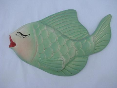 photo of kissy fish, retro vintage ceramic & chalkware bathroom wall plaques #2