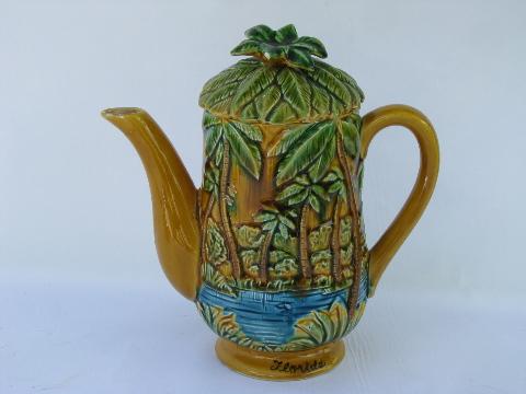 photo of kitschy 1950s Florida souvenir coffee set w/ painted palm trees, vintage Japan #2