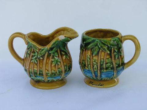 photo of kitschy 1950s Florida souvenir coffee set w/ painted palm trees, vintage Japan #4