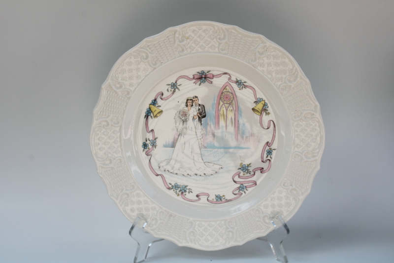 photo of kitschy sweet mid century vintage plate w/ wedding couple bride and groom, wedding or anniversary cake plate #1