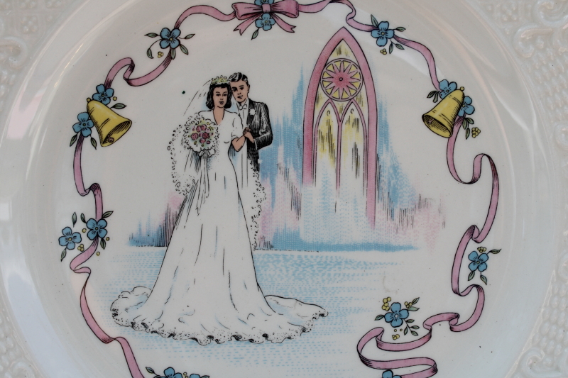 photo of kitschy sweet mid century vintage plate w/ wedding couple bride and groom, wedding or anniversary cake plate #2