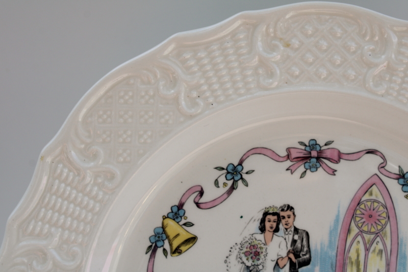 photo of kitschy sweet mid century vintage plate w/ wedding couple bride and groom, wedding or anniversary cake plate #3