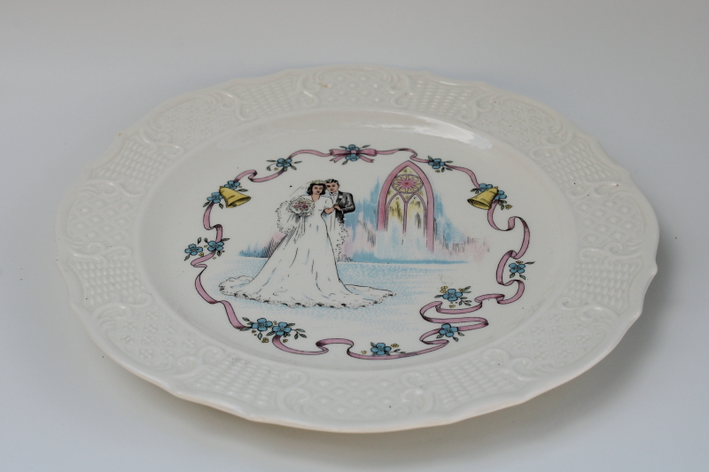 photo of kitschy sweet mid century vintage plate w/ wedding couple bride and groom, wedding or anniversary cake plate #4