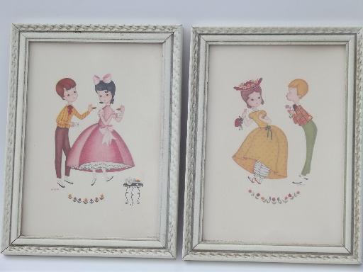 photo of kitschy vintage boudoir prints, framed boy and girl wall art dated 1957 #1