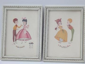 catalog photo of kitschy vintage boudoir prints, framed boy and girl wall art dated 1957