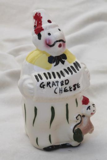 photo of kitschy vintage ceramic cheese shaker, accordion man w/ monkey dispenser for spaghetti cheese #1