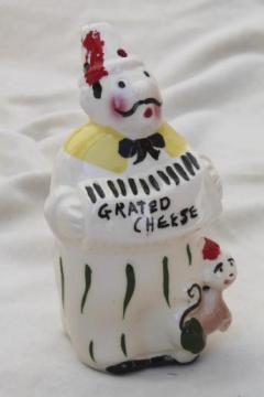 catalog photo of kitschy vintage ceramic cheese shaker, accordion man w/ monkey dispenser for spaghetti cheese