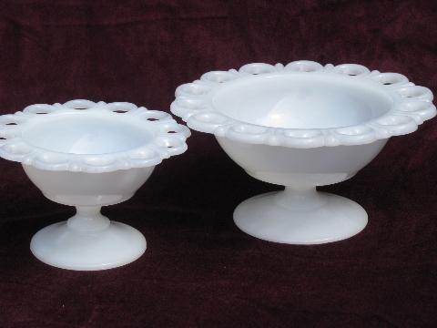 photo of lace edge milk glass compotes, flower or candy bowls, large and small #2