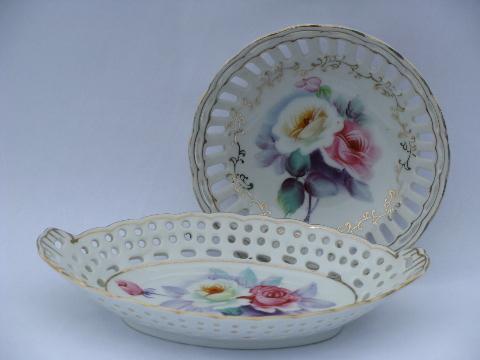 photo of lace edge pierced china dishes w/ hand-painted flowers, vintage Japan #1