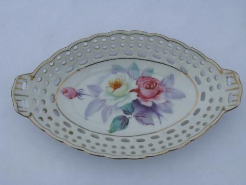 photo of lace edge pierced china dishes w/ hand-painted flowers, vintage Japan #2