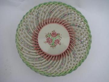 catalog photo of lace ribbon lattice basket, vintage hand-painted ceramic dish, Spain