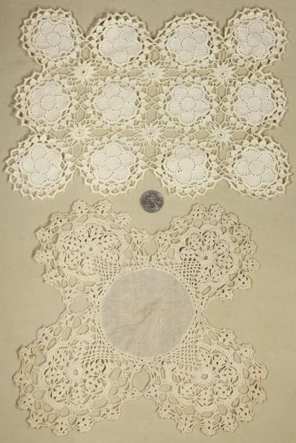 photo of lace trimmed linen table mats & centerpieces w/ crochet edgings, shabby vintage doily lot #6