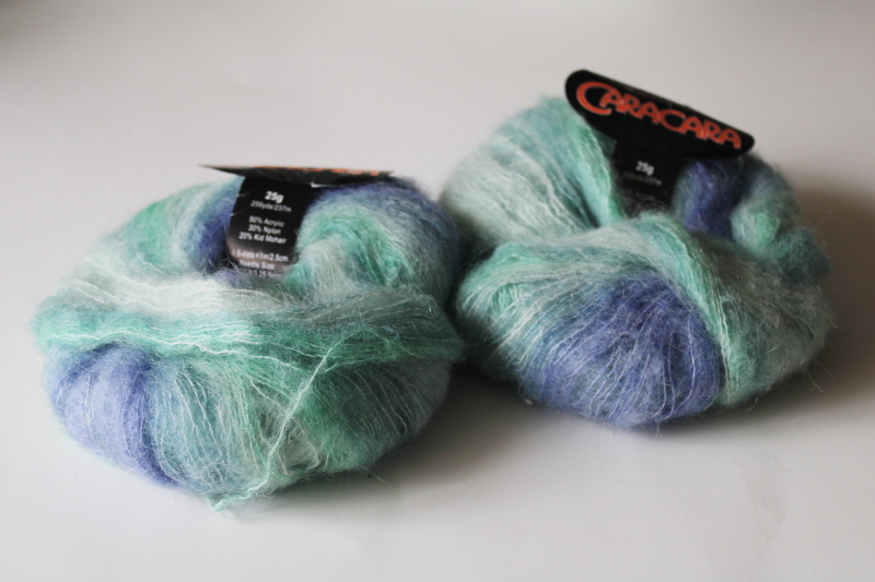 photo of lace weight mohair blend yarn, shaded green blue hand dyed look, Queensland CaraCara label #1