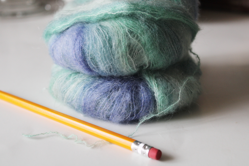 photo of lace weight mohair blend yarn, shaded green blue hand dyed look, Queensland CaraCara label #2