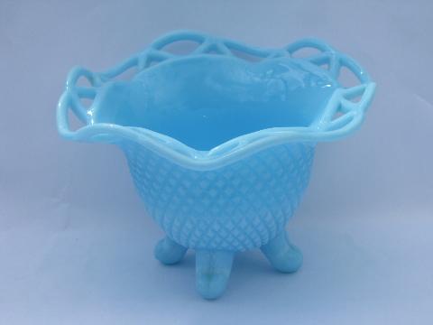 photo of laced edge open lace edge vintage Imperial blue milk glass bowl #1