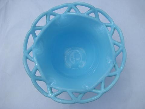 photo of laced edge open lace edge vintage Imperial blue milk glass bowl #2