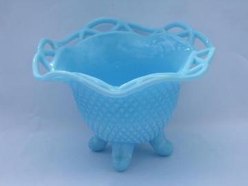 catalog photo of laced edge open lace edge vintage Imperial blue milk glass bowl