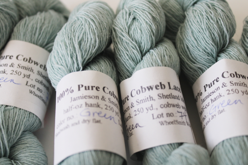 photo of laceweight shetland wool yarn, Cobweb Lace Jamieson & Smith matching dye lot mist green #2