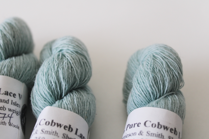 photo of laceweight shetland wool yarn, Cobweb Lace Jamieson & Smith matching dye lot mist green #3