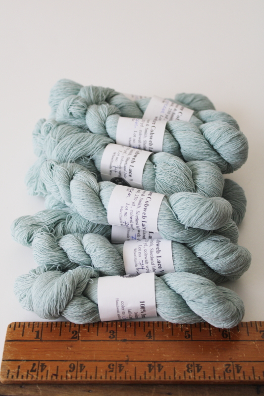 photo of laceweight shetland wool yarn, Cobweb Lace Jamieson & Smith matching dye lot mist green #5