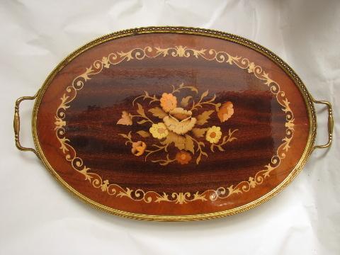 photo of lacquered wood inlay tray w/ solid brass gallery rail handles, vintage Italy #1