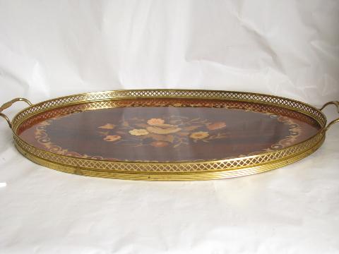 photo of lacquered wood inlay tray w/ solid brass gallery rail handles, vintage Italy #4