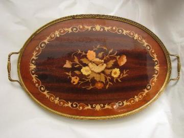 catalog photo of lacquered wood inlay tray w/ solid brass gallery rail handles, vintage Italy