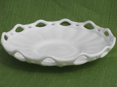 photo of lacy edge open lace vintage milk glass, low flower centerpiece bowl #1