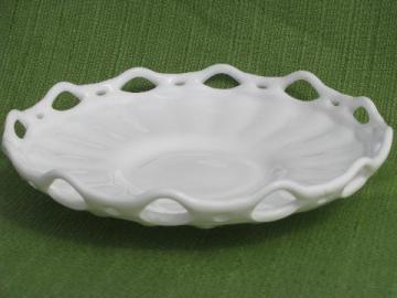 catalog photo of lacy edge open lace vintage milk glass, low flower centerpiece bowl