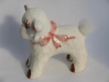 catalog photo of lamb w/ fluffy cotton tail, vintage pottery cotton ball holder