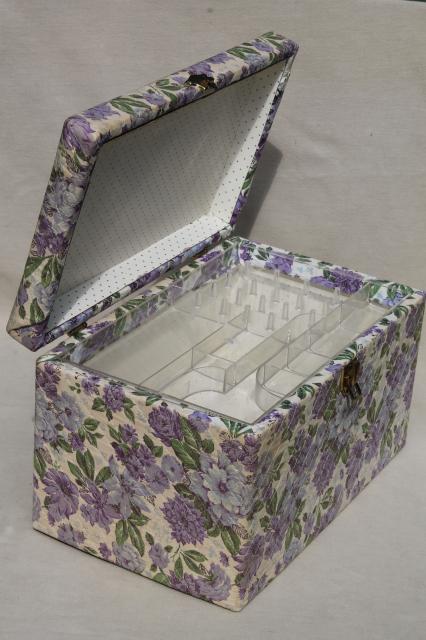 photo of large 60s vintage sewing box in lavender purple floral chintz print fabric #4