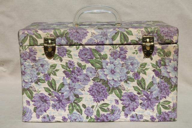 photo of large 60s vintage sewing box in lavender purple floral chintz print fabric #5