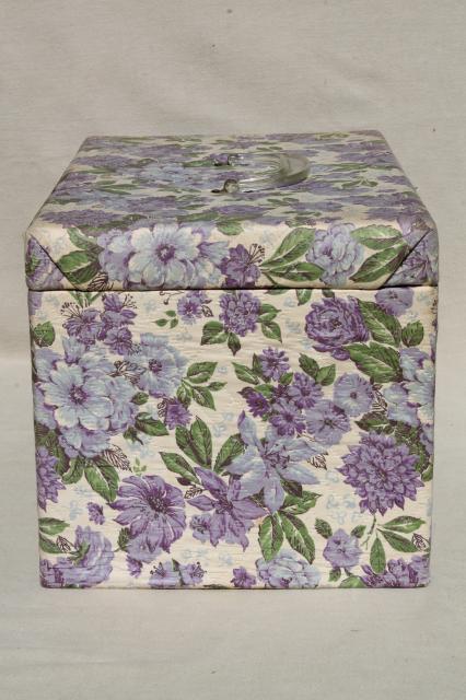 photo of large 60s vintage sewing box in lavender purple floral chintz print fabric #6