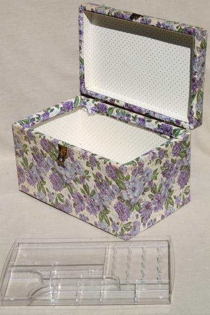 photo of large 60s vintage sewing box in lavender purple floral chintz print fabric #7