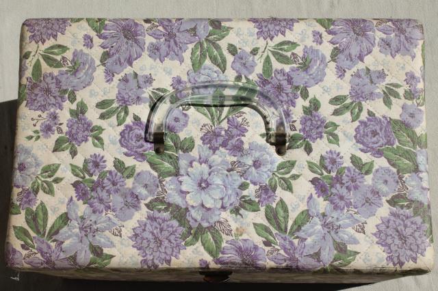 photo of large 60s vintage sewing box in lavender purple floral chintz print fabric #10