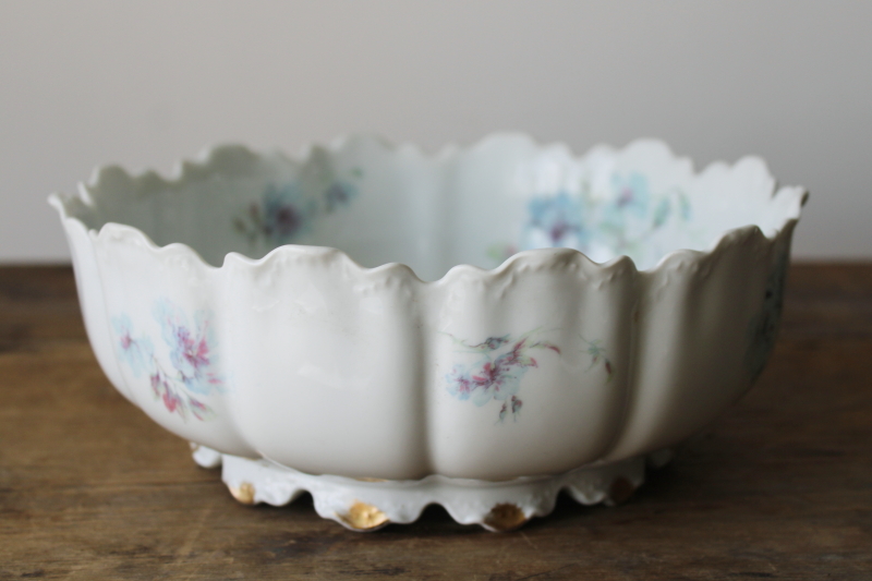 photo of large Haviland Limoges bowl early 1900s vintage antique, ornate embossed china footed shape blue floral  #1